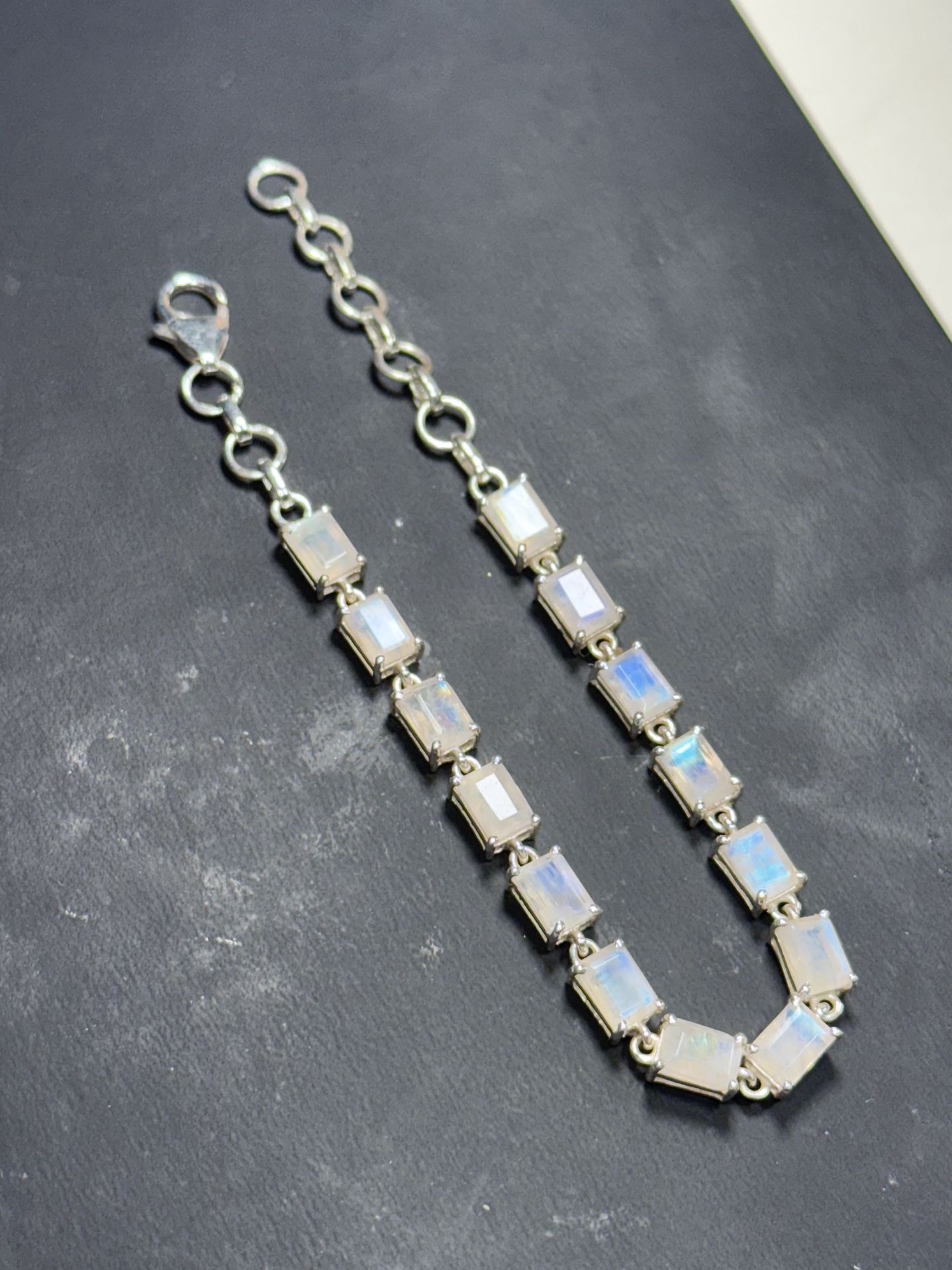 Handmade 925 Sterling Silver Rainbow Moonstone Bracelet 8.2" Adjustable