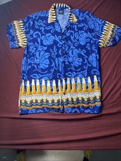 Corona Extra Hawaiian Aloha Shirt Blue Gold Beer Bottles Monstera Hibiscus Sz XL