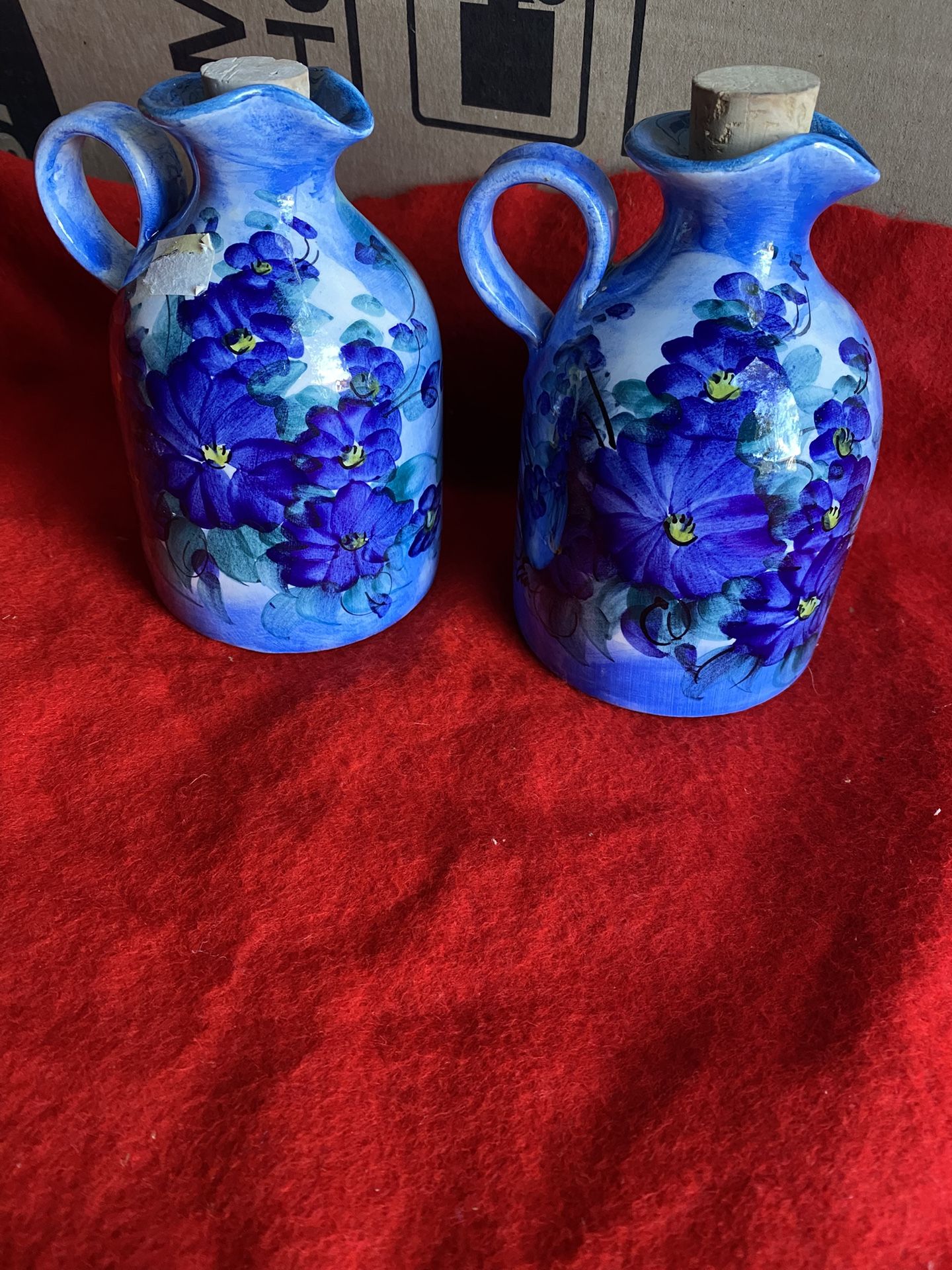 5.5 Inch Handmade Hand Painted Blue Ceramic Oil/Vinegar Set With Tray Imported From Greece