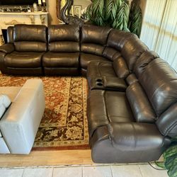 Macys Brown Leather Triple Electric Reclining Sectional 