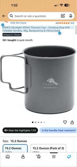 TOAKS Ultralight 450ml Titanium Cup – Camping Mug with Foldable Handles, 48g