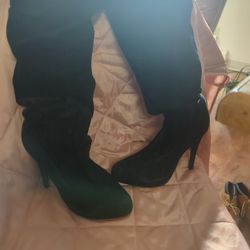 Size 9 Black Knee High Heel Boots 4.5 Inch Soft Faux  Velvet