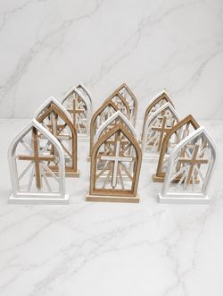 Set of 6 Wooden Cathedral Arch Cross Decor - Rustic Farmhouse Tabletop (14"x9")