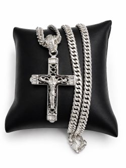 925 Sterling Silver Cubic Zirconia Cross Pendant Men’s Need Size 22”