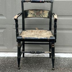 Antique Hitchcock Style Arm Chair With Rush Seat needs repair about 34” tall