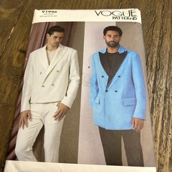 Vogue Pattern V1946 Men's Jacket  Unlined Peaked Lapels Sizes 40-46 UNCUT