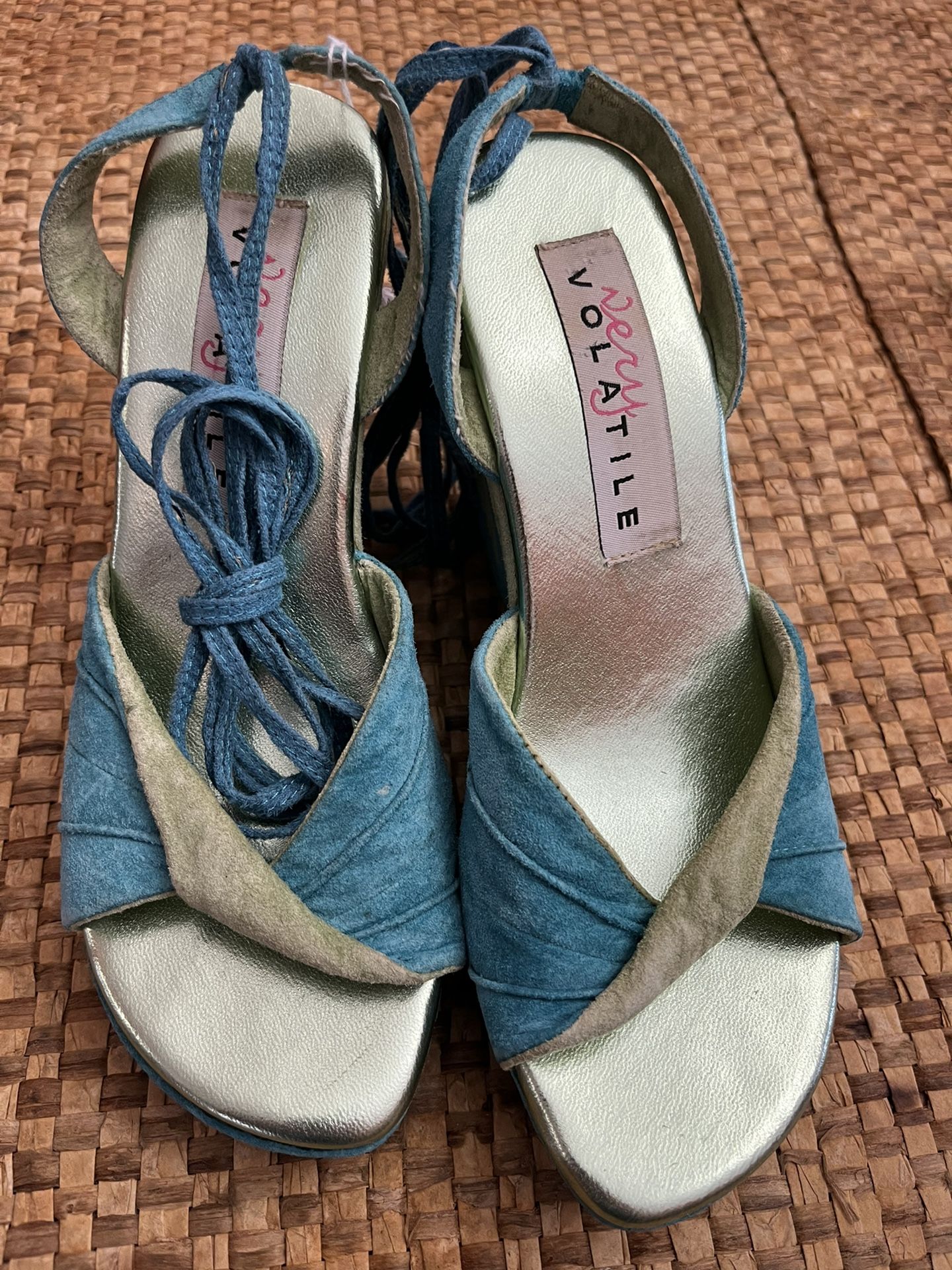 Turquoise & Celadon Green Suede Wedge Heels-size 6