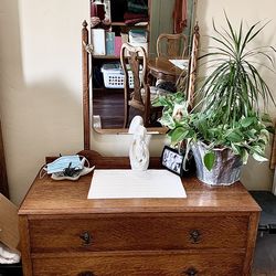 Antique Vintage Solid English Oak Shabby Chic Dressing Table, Dresser & Mirror