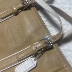 2005 Coach Leather  Tote Bag  Coffee Beige W White Trim 