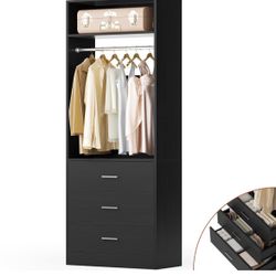 Freestanding 2FT Closet System with 3 Wood Drawers, 24" Closet Organizer System with Hanging Rod & Shelves, Walk-in Closet Systems for Small Closet, W