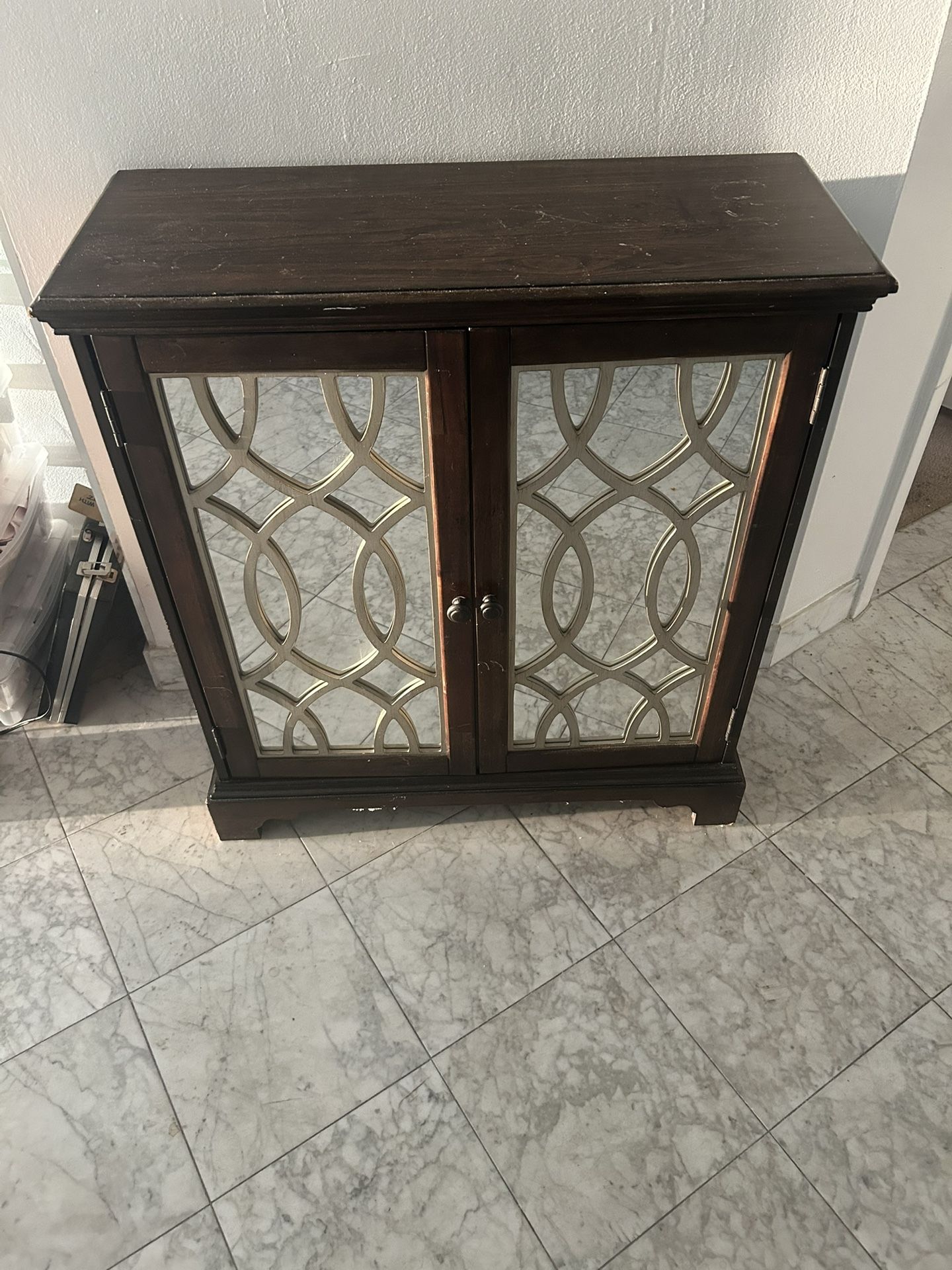 Nice Mirrored and Wood Cabinet With Shelf Inside