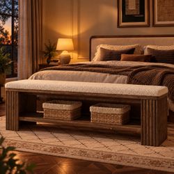 Wood Bench with Sherpa Seat and Storage Shelf