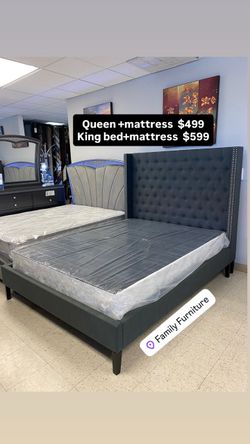 Grey or beige color platform bed frame with mattress
