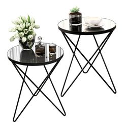 0983 Modern Round Side Table Set of 2, End Table with Marble Effect Top and Gold Metal Frame, Small Side Table for Living Room, Bedroom, Sofa and Couc