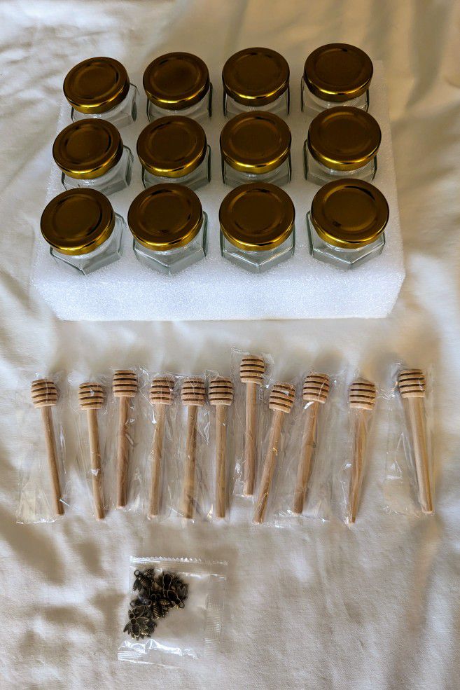 12pc 4" Honey Jars With Bee Garnish And Sticks