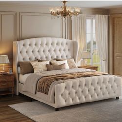 King Bed Frame with Tall Headboard, Upholstered Platform Bed Frame King Size, with Wingback Tufted Headboard and Footboard, Wooden Slats, No Box Sprin
