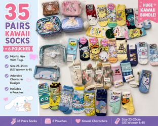 35 Pairs Kawaii Character Socks + 6 Pouches Bundle Lot