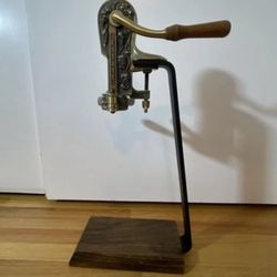 Vintage Rogar Estate Brass Wine Bottle Opener Ornate Brass Wood Stand Corkscrew