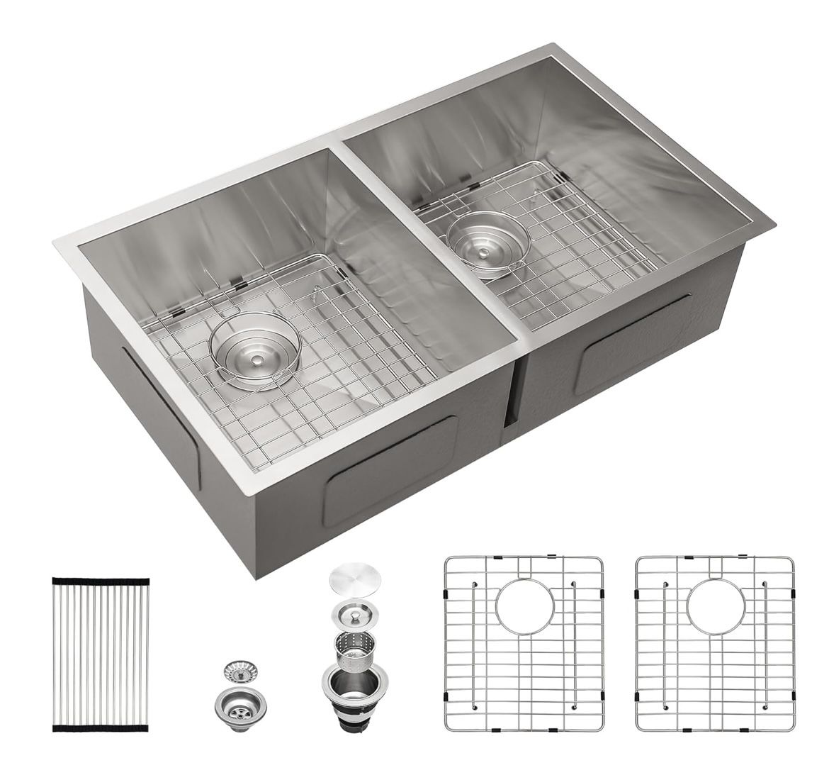 New 33x19 Inch Double Bowl Kitchen Sink, Brushed Nickel Undermount Stainless Steel Sink with 9 Inch Deep Basin