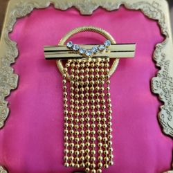 Vintage 1980s Style Goldtone Brooch/Pin Rhinestones,  Gold Bead Tassel 3" f9