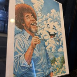 Bob Ross Framed 9x10 Retro Pop Surreal Wall Art - Happy Little High Clouds