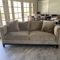 Living Spaces Couch Sofa Velvet Grey Beige Natural Silver Rivets 