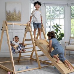 Avenlur 4-in-1 Juniper Indoor Play Gym - Jungle Gym Playset with Baby Swing, Slide, Ladder, and Climbing Wall - Foldable Wooden Playset - Indoor 