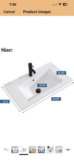 24 in. W x 18.3 in. D Bathroom Undermount Ceramic Sink Top W/One Hole, Drop in Bathroom Vessel Sink Rectangle, Without Matte Black Faucet & Pop up-Dra