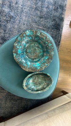 Teal Swirl Embossed Decorative Bowl Set