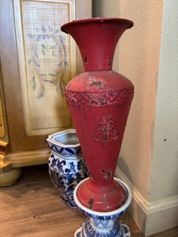 Red Distressed Metal Decorative Vase