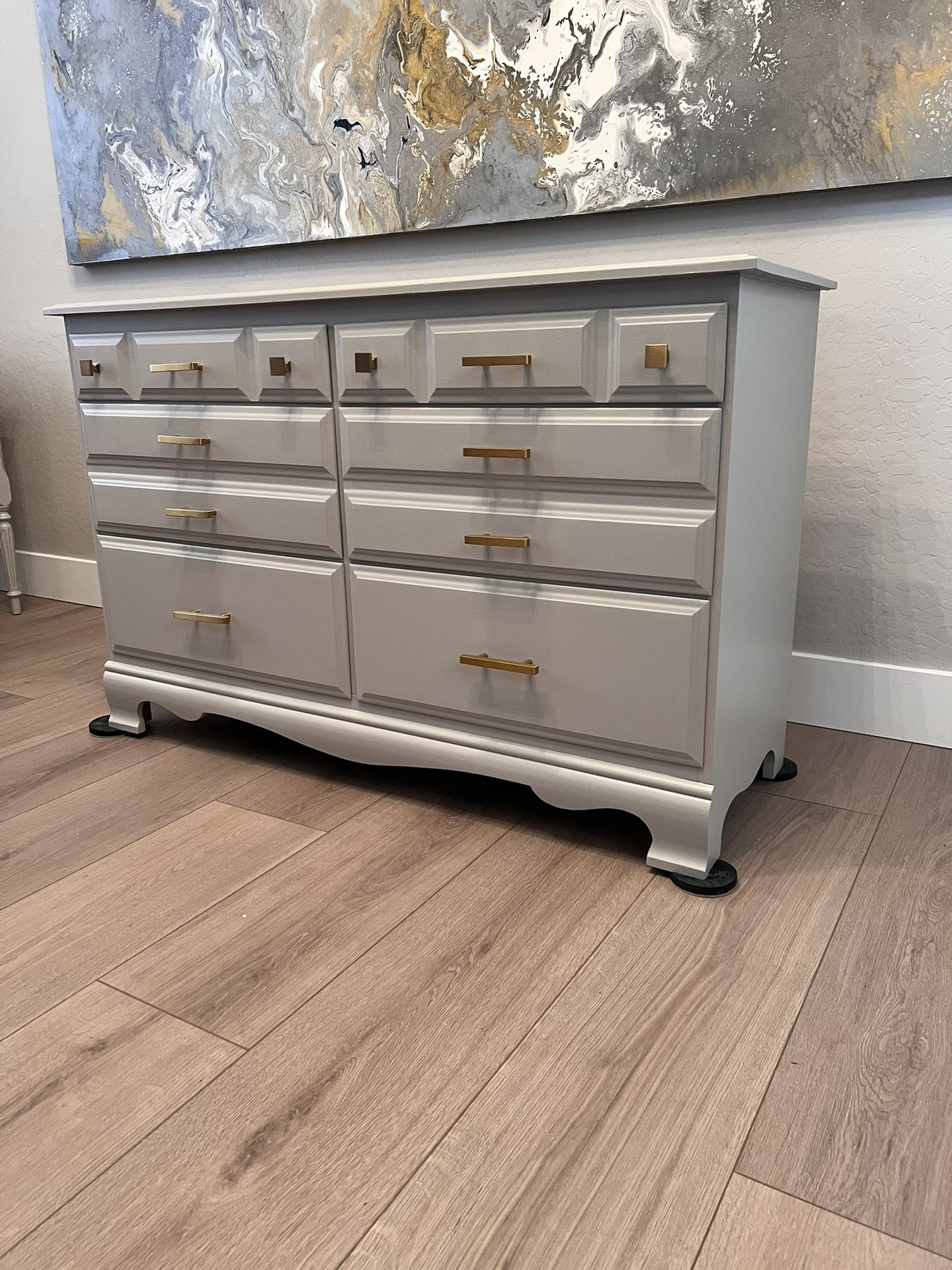 50” Wide Solid Wood Greige Dresser w/ 6 Dovetail Drawers & NEW Brushed Brass Gold Handles