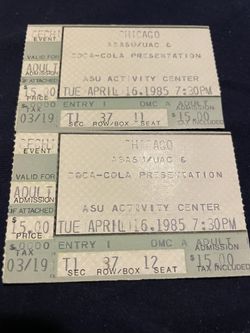 APRIL 16,1985 CHICAGO AT ASU ARIZONA CONCERT TICKET STUBS 2 