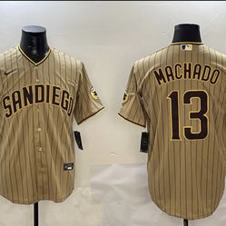 Size Small, Medium, Large, and XL.      Nike San Diego Padres Machado 13 MLB Baseball Jersey Tan