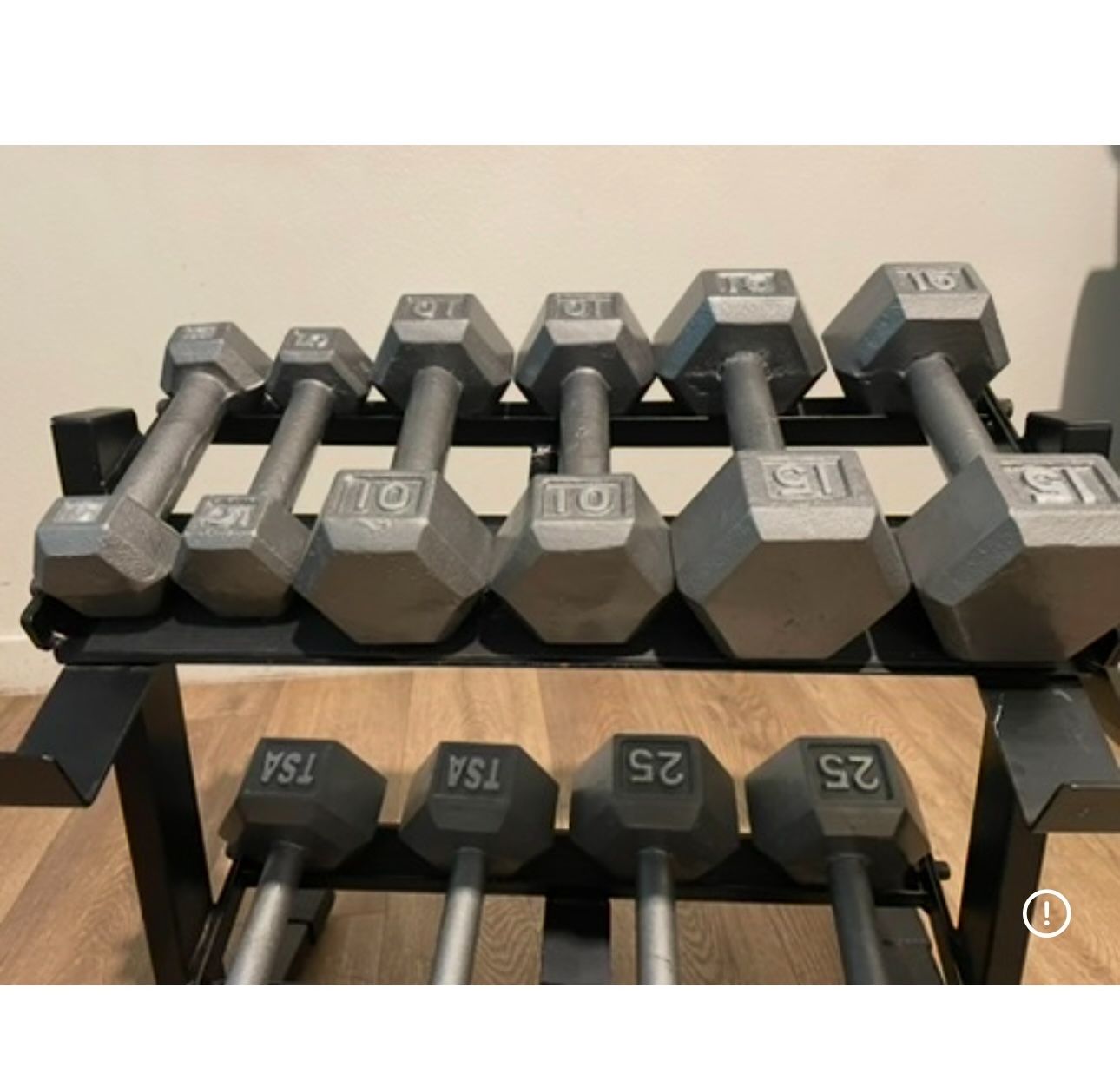 In NEW Condition Set Of Cast Iron Hex Dumbbells 5s, 10s, 15s 20s And 25s (NO RACK iNCLUDED)