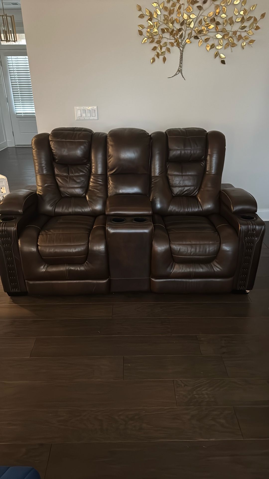 Dual Recliner Brown Leather Sofa 