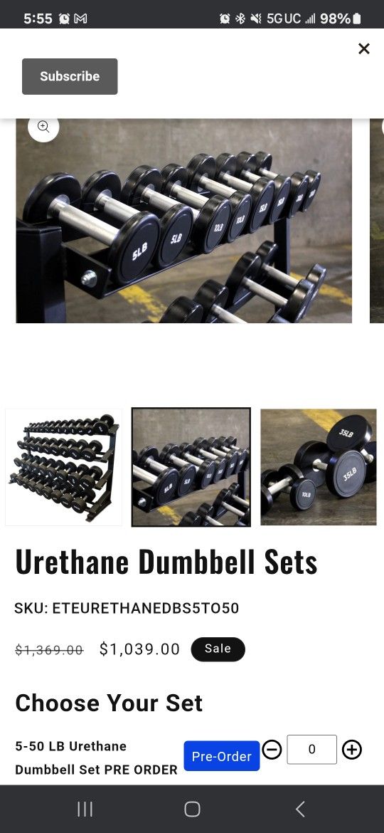 5-50lb Commercial DUMBBELL SET w/Rack