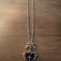Purple and silver heart cross necklace with a touch of gothic charm