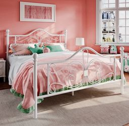 Queen Size Bed Frame with Headboard,Metal Bed Frame with Butterfly Pattern Design Headboard & Footboard,No Box Spring Needed,Easy Assembly,White