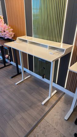55" White Electric Standing Desk with Riser Shelf