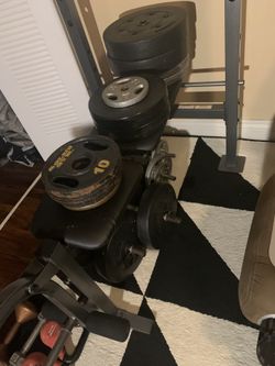 Bench + more than 300 lb weight, dumbbells gym workout