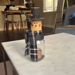 Hand Crafted Snowman Mason Jar & Wooden Christmas Candle