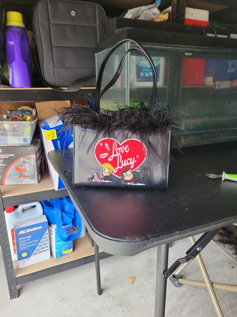 I Love Lucy Handbag Black With Feathers Embroidered Red Heart Patch