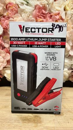 VECTOR 1600 Peak Amp Automotive Lithium Jump Starter, Portable Power-USB-A(15W), USB-C(30W), Power In & Out with Carrying Case