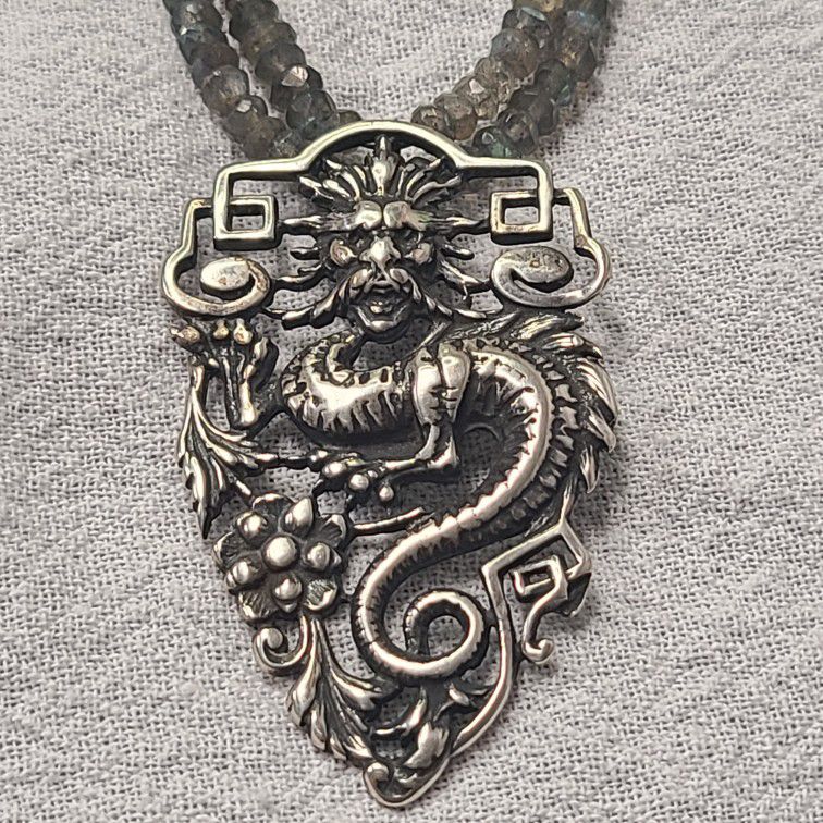 Silver Dragon Pendant Necklace W/ Labradorite And Moonstone