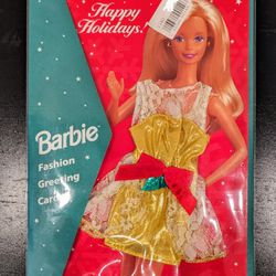 Barbie Fashion Greeting Card - Happy Holidays! Gold Metallic Dress 1995 New Vintage Mattel