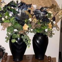Large Matching Floral Arrangements in Black Vases – Set of 2 – $80