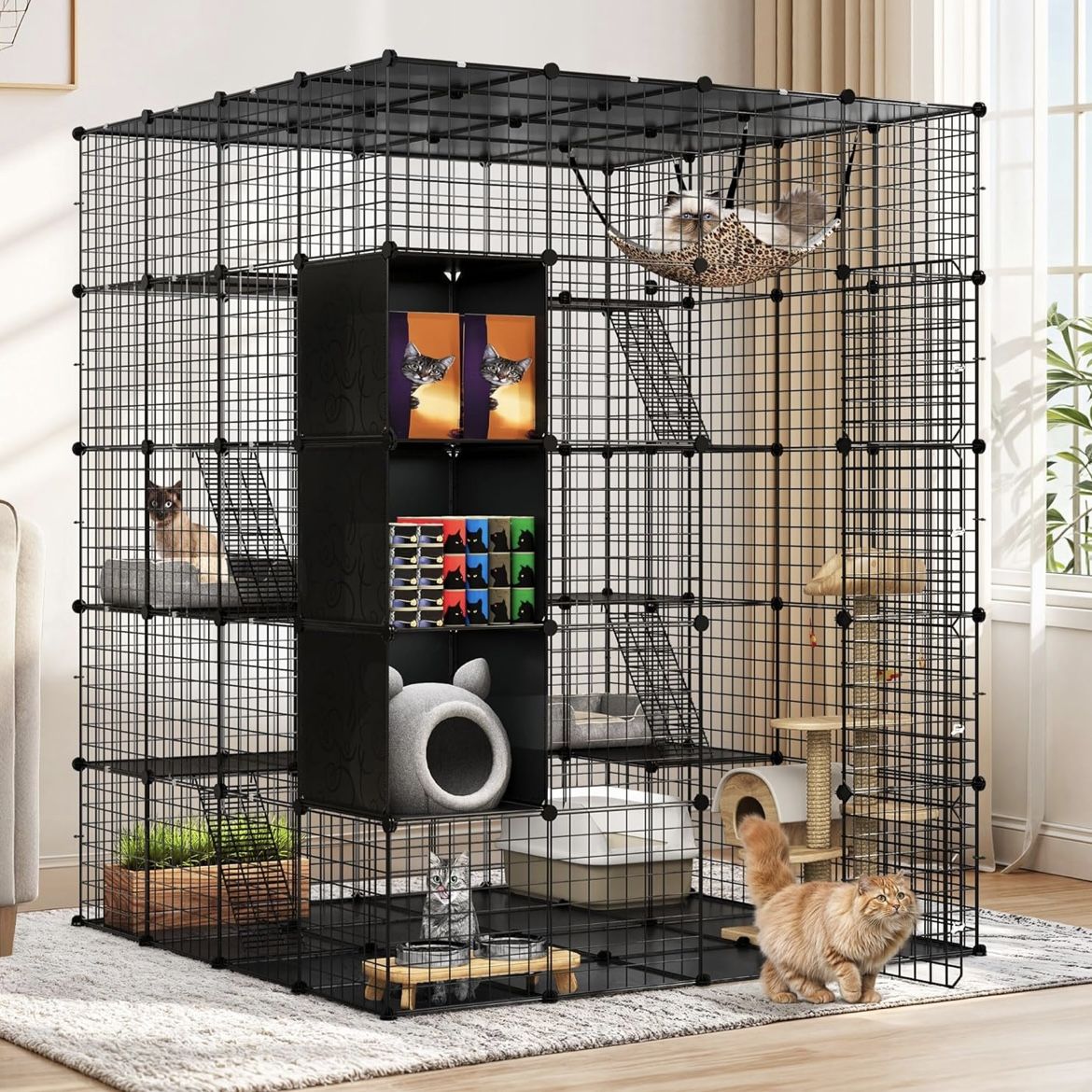 Metal Cat Playpen with Hammock Platforms for 1-4 Cats 5 Tiers.