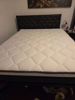 Queen Bed Frame with Tufted Headboard and Mattress