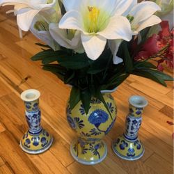 Pair of Candle stick holders and Vase with fake flowers 