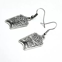 Fun Bold Unique Silver Dangle Fast Food French Fry Lover Earrings